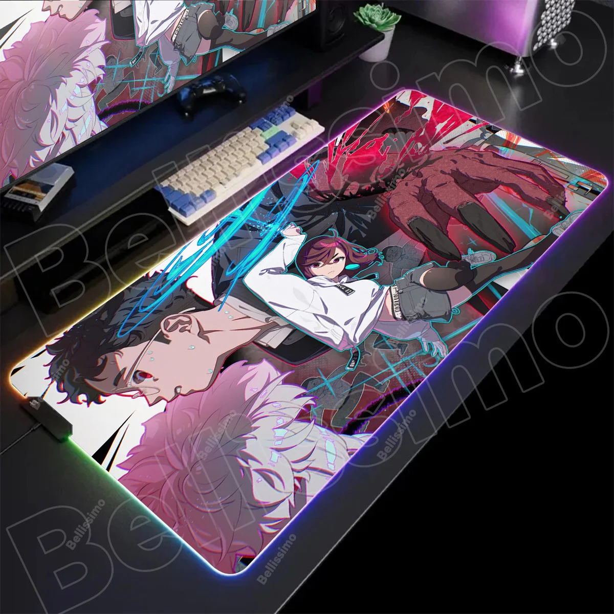 Gaming RGB Mousepad XXL Anime Dandadan Keyboard Carpet LED Glowing Desktop Mat Ayase Momo Takakura Ken Seiko Lock Edge Mouse Pad