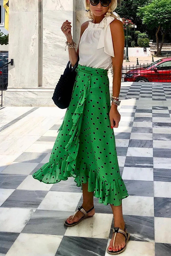 SKMY 2024 Summer Ruffle Irregular Maxi Skirt Strap Streetwear Fashion Green Pokal Dot Print Long Skirt Clothes For Women