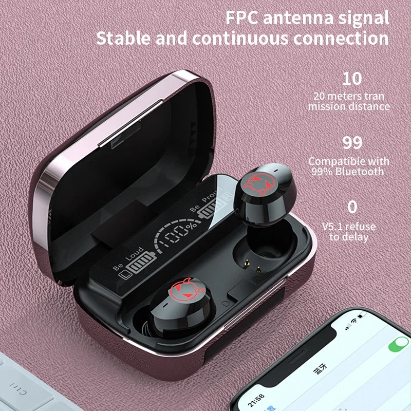 M23 TWS Wireless Headphones Earphones HD Sound Touch  Bluetooth-5.1 Waterproof Earbuds Headset With Microphone Charging Box Red