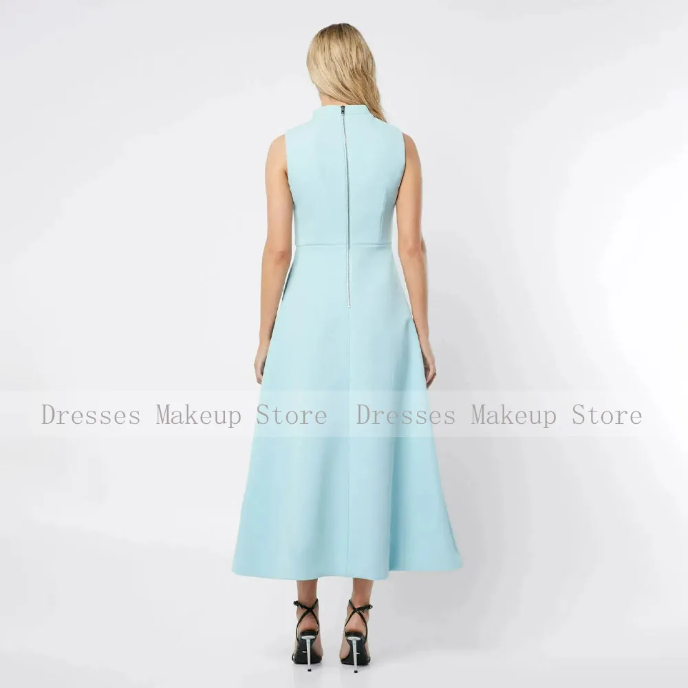 Mother Of The Bride Dresses Simple Ligh Sky Blue Jersey Pleat Wedding Guest Dress A-line High Collar Midi Formal Gowns 2024