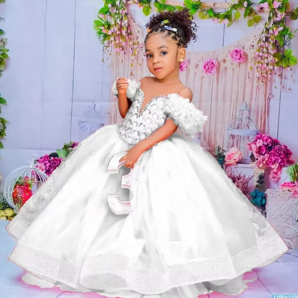 Robe de princesse gonflée pour filles, appliques en dentelle perlée, paillettes de mariage, fête d'anniversaire pour enfants, première communion, tout ce que vous voulez