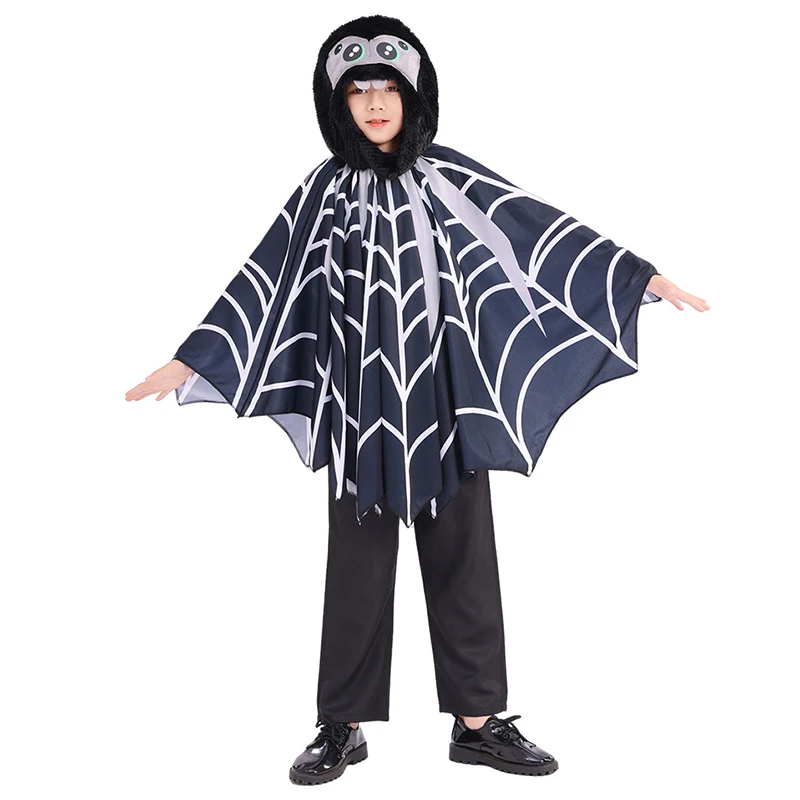 

Boy Girl Black Spiderweb Cosplay Fancy Dress Up Spider Poncho Child Halloween Costume