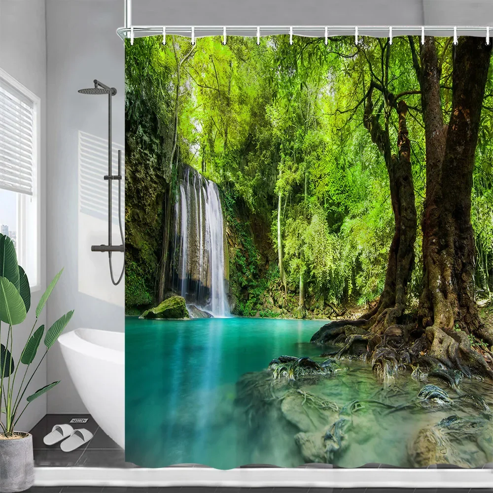 Forest Waterfall Shower Curtains Spring Green Trees Nature Landscape Bath Curtain Garden Wall Hanging Bathroom Decor with Hooks