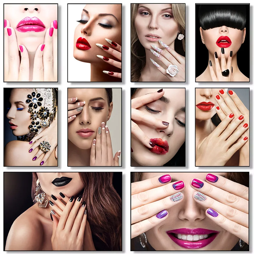 (2D Canvas painting) Nordic-Style Modern Art Poster for Beauty & Nail Salons — Stylish Nail Art & Makeup for A Beautiful Girl