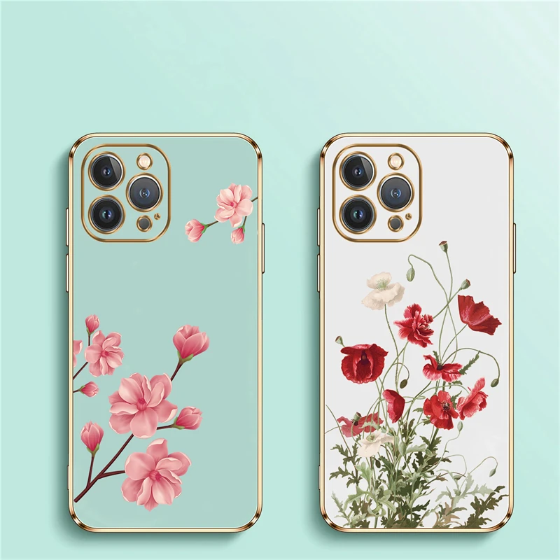 Plating Phone Case For iPhone 15 13 14 Pro Max 12 11 Pro XS Max XR X 8 7 14 Plus SE 2022 2020 Silicone Pattern Flower Cover