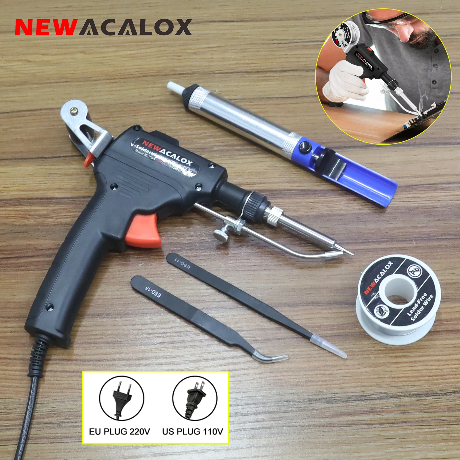 Soldering Iron Kit 60W 220V Automatic Soldering Gun Includes Solder Wire, Desoldering Pump, Tweezers for Repairs and DIY