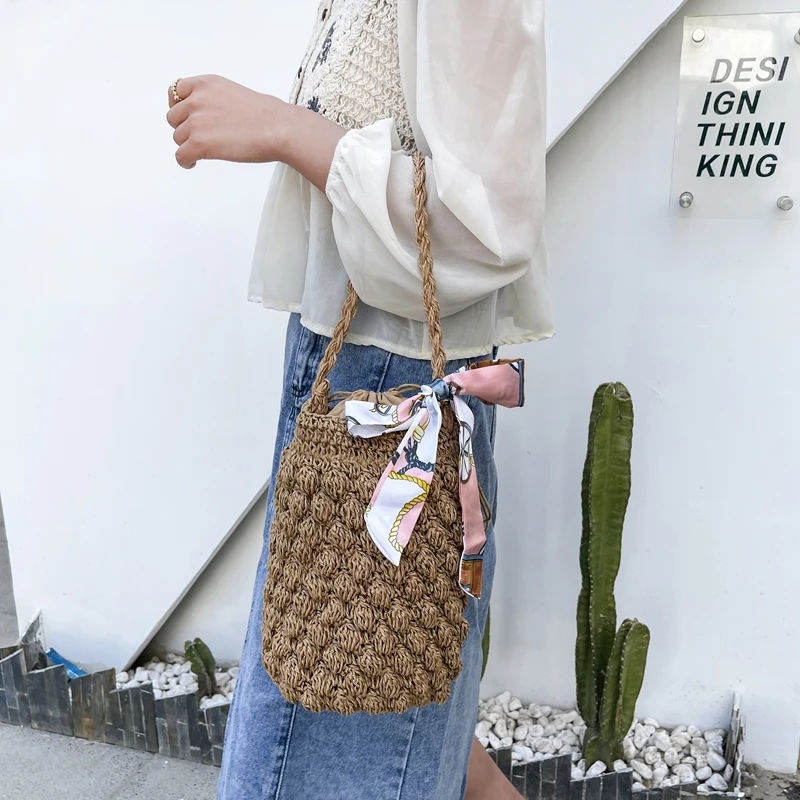 Handmade Woven Bucket Bag for Women Bohemian Shoulder Bags Knitted Summer Straw Beach Bag Female Round Cut Out Handbags