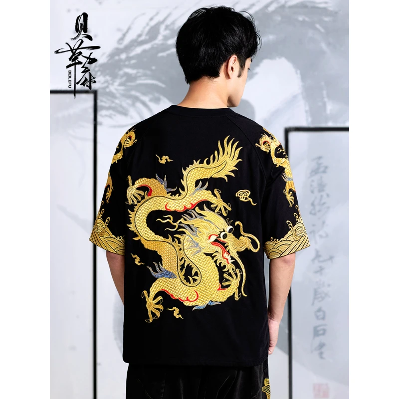 Chinese Style Men's Gold Dragon Robe Embroidery T Shirt Man Emperor National Trend Short Sleeves Black