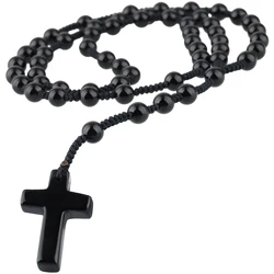TUMBEELLUWA Natural Stone Cross Pendant Beaded Necklace for Men Women, Catholic Rosary Hand Knotted Necklace