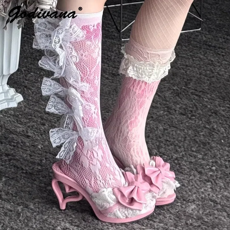 Gal Ji Style Subculture Love Shape High Heels Sweet Cute Japanese Style Lace Bow Y2k Women's Lo Shoes High Heel Pumps