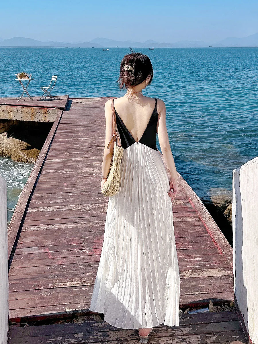 

Новое шифоновое сексуальное красивое летнее длинное платье с глубоким V-образным вырезом на подтяжках, пляжное однотонное платье с лямкой на шее, одежда для отдыха на море, C164