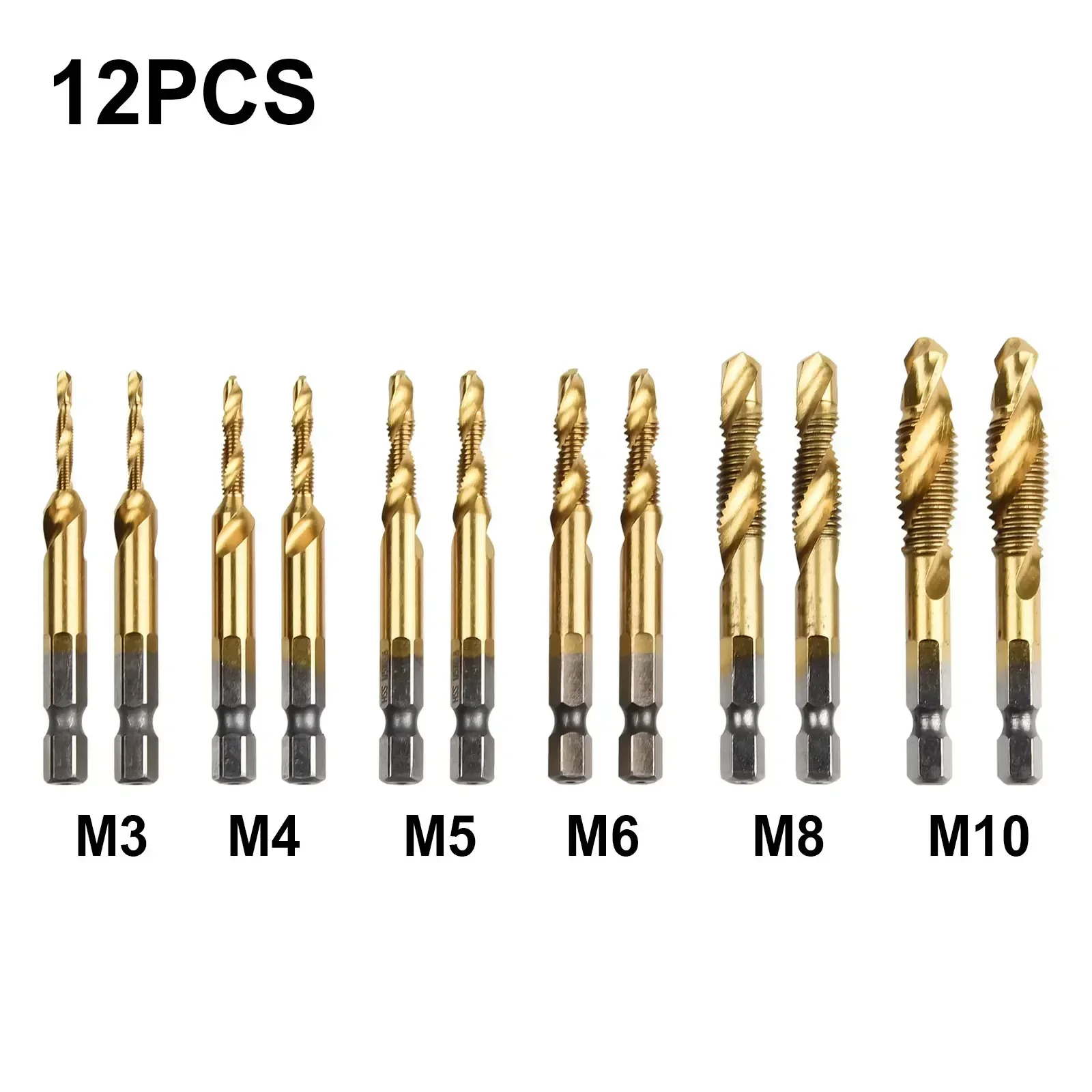 12pcs Metric Tap Composite Tap Plated Hex Shank HSS Screw Thread Metric Tap Drill Compound Tap Hand Drill Tool M3-M10