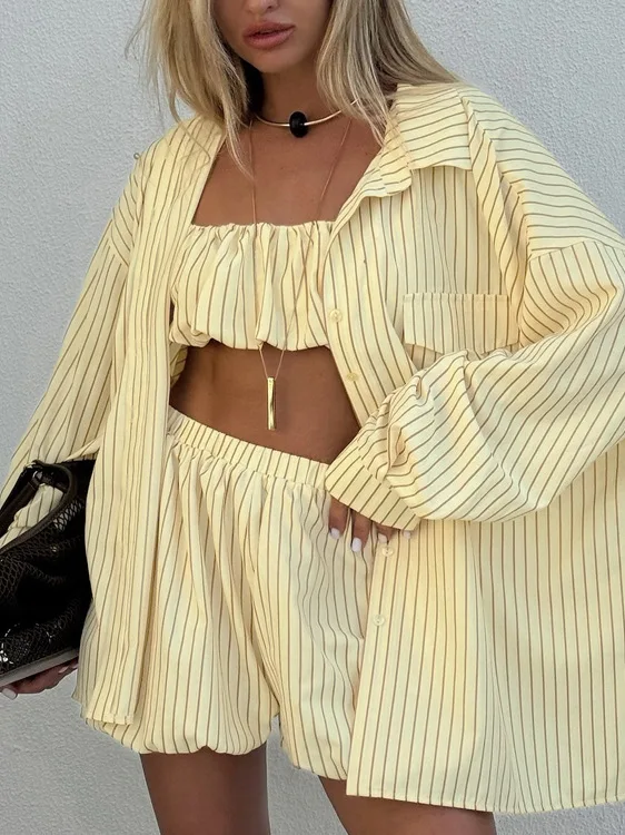

Women's Stripe Three Piece Set Long Sleeve Turn-down Collar Shirt Vest Shorts Summer Fashion Outfit Casual Workwear