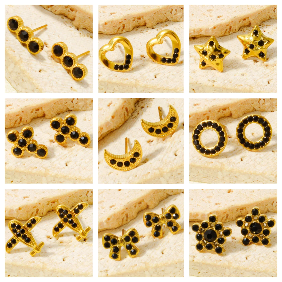 

2 Pairs Small Exquisite Gold Color Stainless Steel Ear Stud Piercing Black Zircon Sun Stars Moon Eye Bow Jewelry Girl Gift
