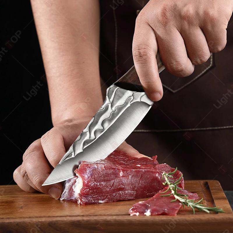 Multifunctional Kitchen Knife Handmade Forged Boning Knife Meat Cutting Fruit Knives Wooden Handle Stainless Steel BBQ Knife