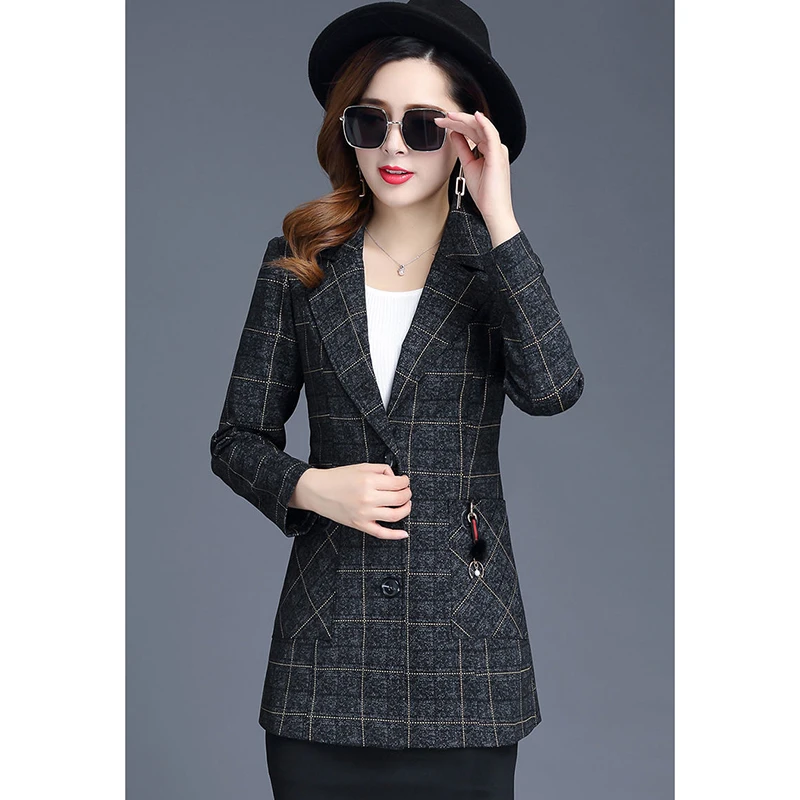 Spring Autumn Jacket Women\'s Blazers New Fashion Plaid Long Sleeve Single Breasted Suit Female Blazers Outerwear Casual Tops 4XL