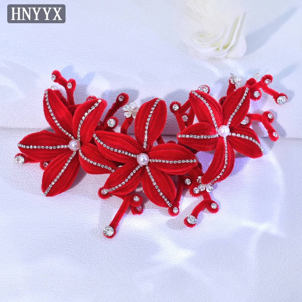 

HNYYX Bridal Wedding Dress Hair Accessories Handmade Chenille Stem Headpiece Red 3D Flowers Headdress Atmosphere Headwear A383