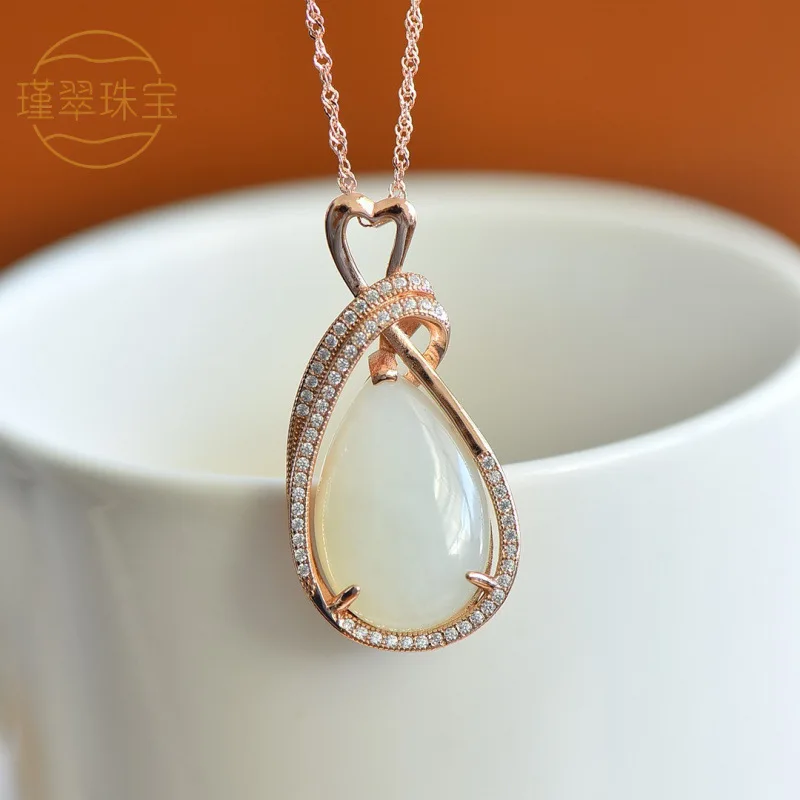 New Women'S Antique-Style Handmade Qinghai Jade Pendant With S925 Silver Inlay And Hetian Jade Drop Design