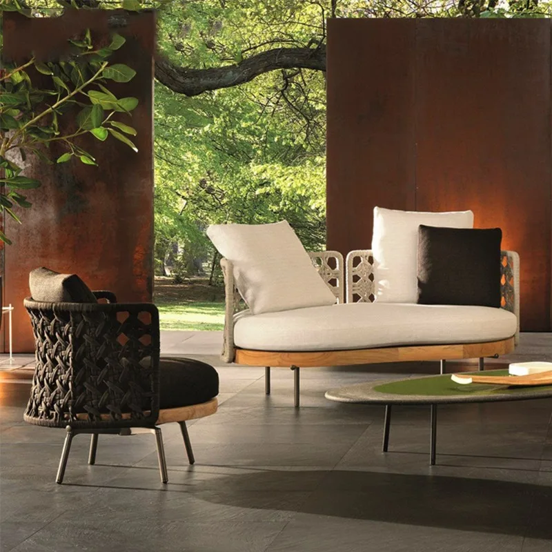 

Outdoor sofa rattan courtyard garden curved round single balcony solid wood designer open-air villa rattan chair furniture