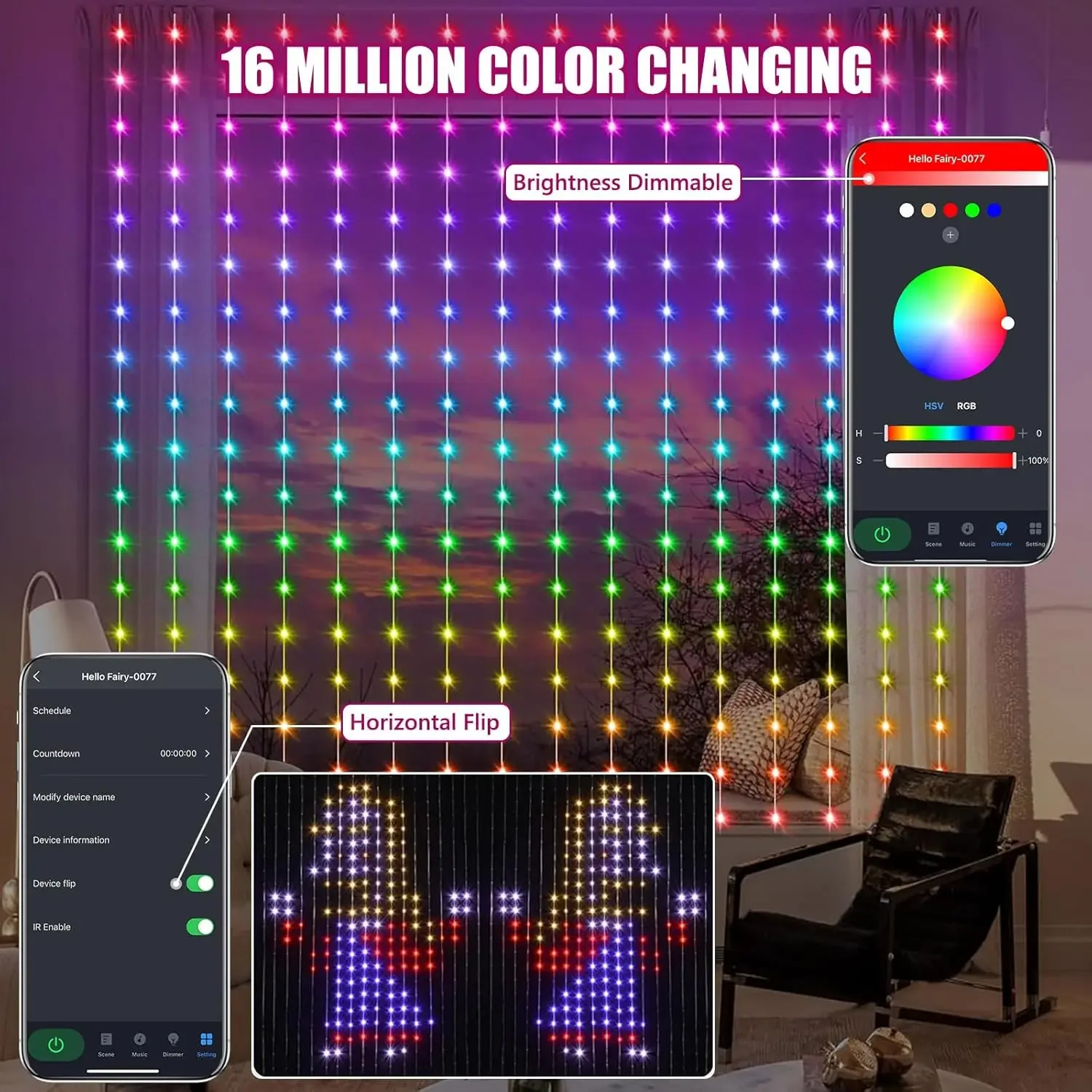 Smart LED Curtain Lights USB,400 LED Dynamic Pattern DIY Curtain String Lights with App & Remote Music Sync RGB Curtain Light