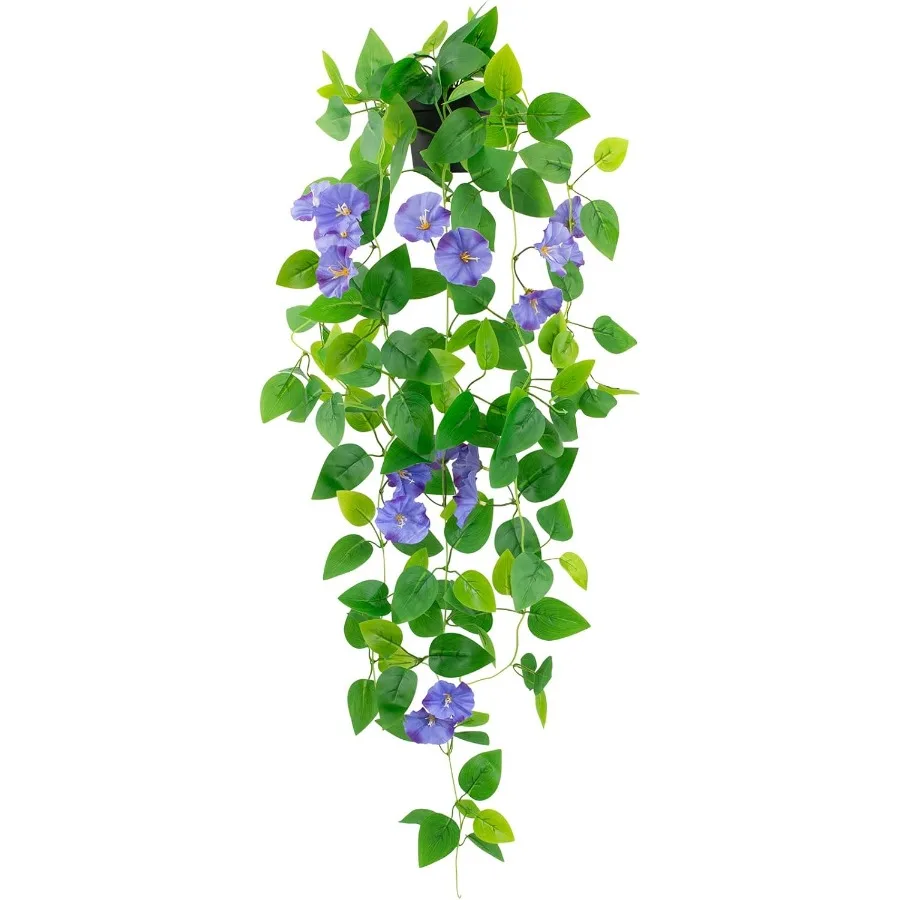 

Articial Hanging Flowers Plants Fake Potted Long Ivy Vine Plant Faux Pothos with Hanging Morning Glory Flowers for Shelf Decor