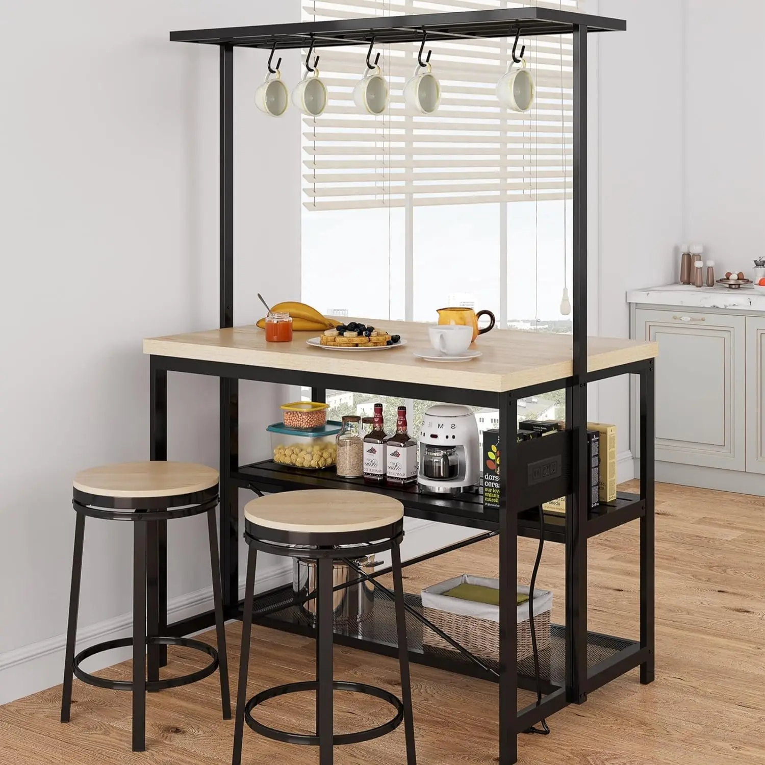 

47 Inch Kitchen Island With Power Outlet 3-Tier Bakers Rack Coffee Bar Table Metal Frame Wood Top