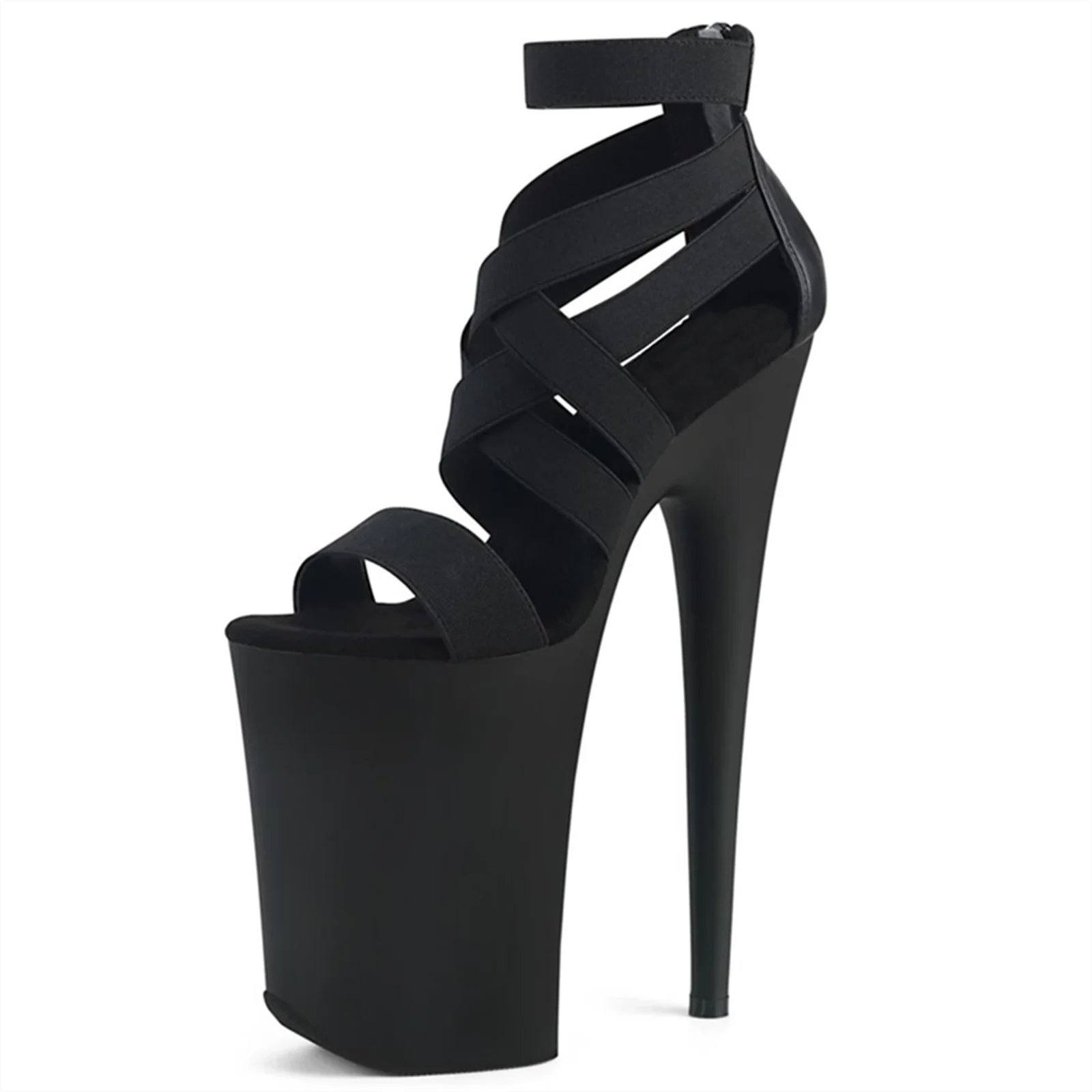 

​23CM Extreme Heel Sandals Black, Stretch Cross Strap Platform Heels with Ankle Buckle, Edgy Fetish Shoes​