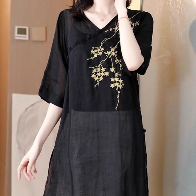 Fashion V-Neck Button Vintage Embroidery Blouses Women's Clothing 2024 Summer New Loose All-match Tops Office Lady Shirts