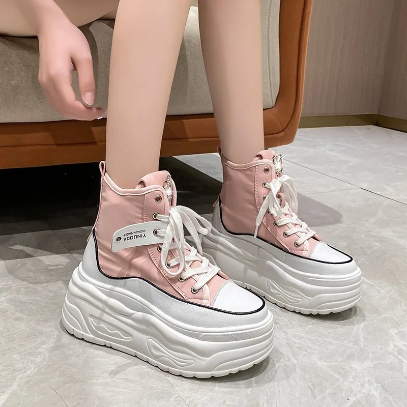 2024 Spring Fashion Women Ankle Boots High Platform Canvas Boots 8CM Wedge Heels Sneakers Woman Autumn Thick Sole Short Boots