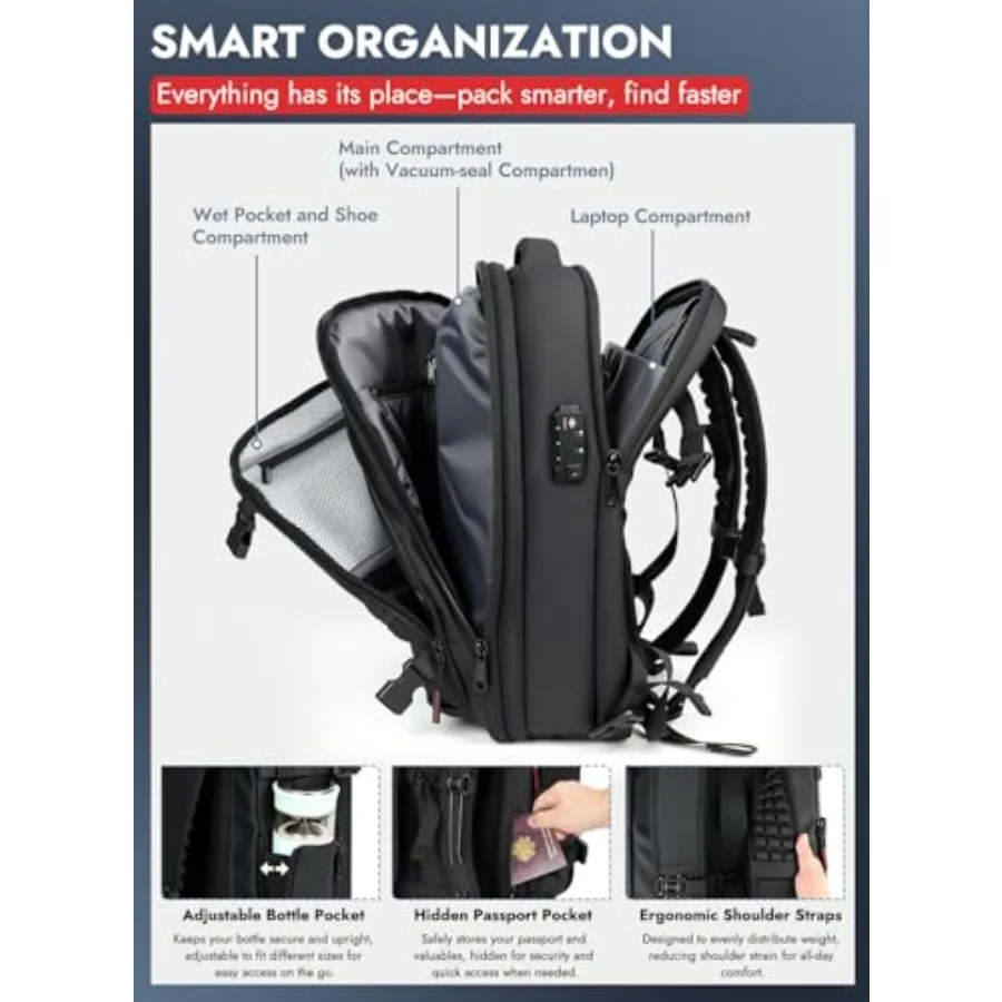 حقيبة ظهر مفرغة للسفر مع مضخة TSA حقيبة ظهر مختومة مفرغة صديقة للبيئة مقاس 21 بوصة × 13 بوصة × 6 بوصة حقيبة ضغط لعروة السفر في الطيران