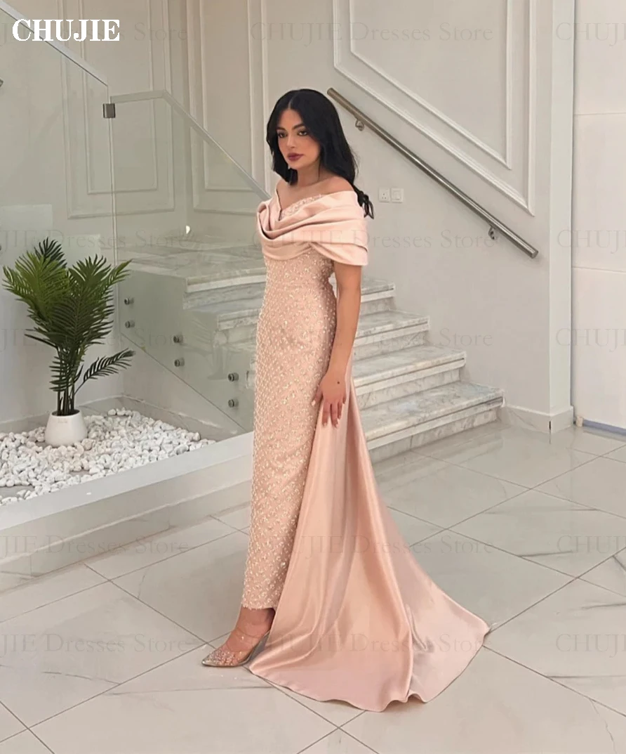 Elegant Saudi Araba Dubai Off Shoulder Formal Evening Prom Dresses Floor Length Sequin Short Sleeves Prom Parry Gowns حزب اللباس image 4