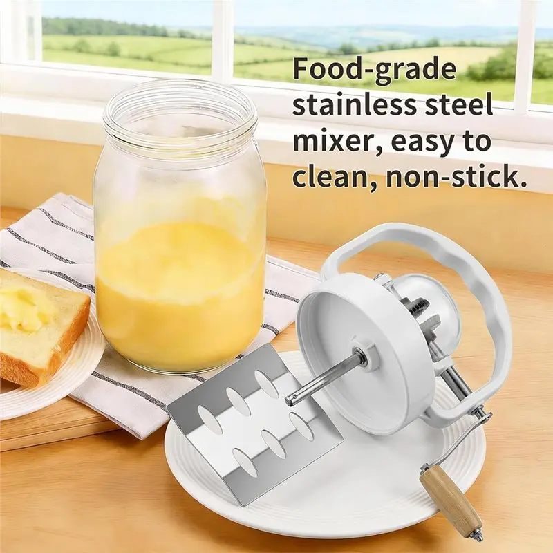 ABLN-Glass Butter Mixer AT19-Hand-Cranked Manual Mason Jar With Wooden Handle