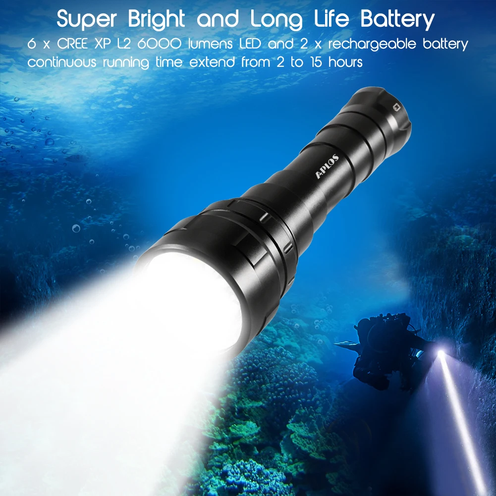 APLOS AP60 6000lm Diving Flashlight 6XP-L2 26650 Scuba Dive Light, IPX8 Waterproof Underwater 150m Professional LED Torch 랜턴