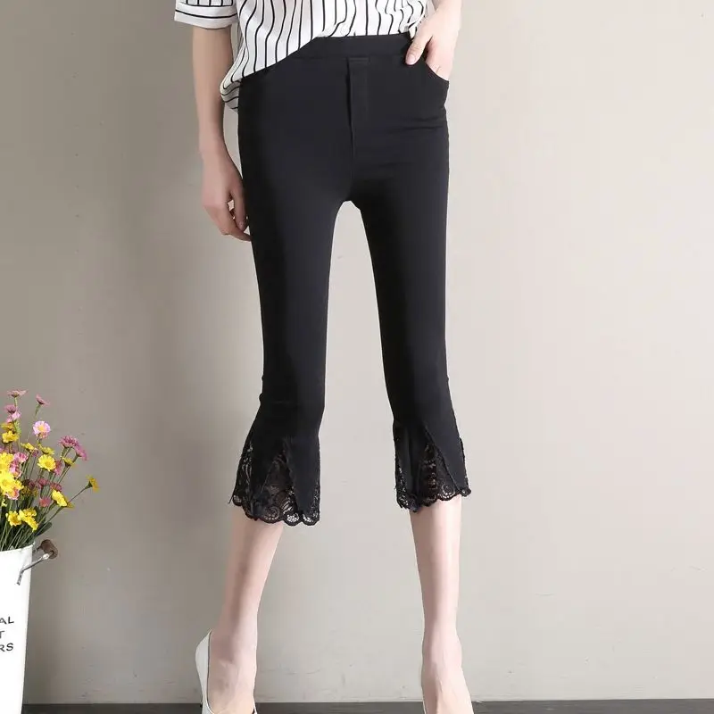 Summer Women Clothing Flare Capris Pants Thin Splicing Lace Korean Fashion New Elastic High Waist Solid Casual Slim Trousers