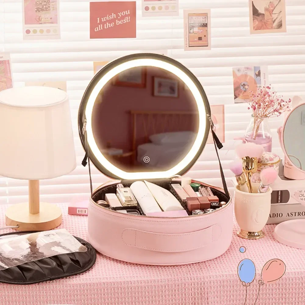 

Circular Bag With Box Cosmetic Storage Vanity Bag Wash Large Light Portable Cosmetic Ladies Mirror Capacity
