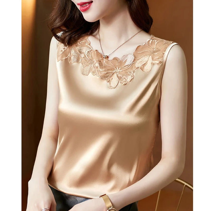 High Quality Satin Elegant Chic Lace Flower Patchwork Sleeveless Tops for Women Korean Fashion Solid Slim Shirts Blouses Clothes