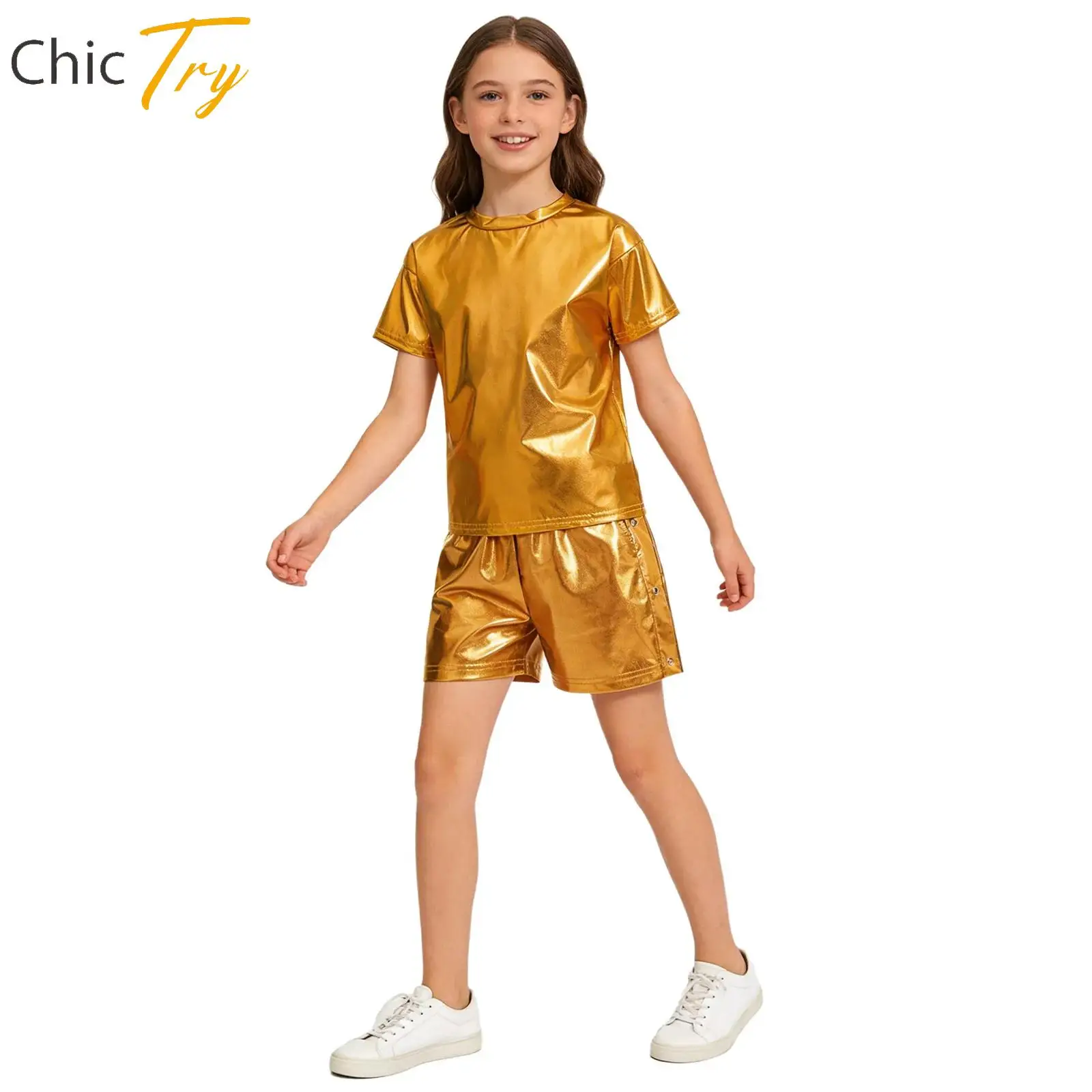 

Unisex Children Jazz Hip-Hop Dance Costume Set Kids Girls Boys Short Sleeve Metallic T-shirt+Shiny Shorts Set for Carnival Party