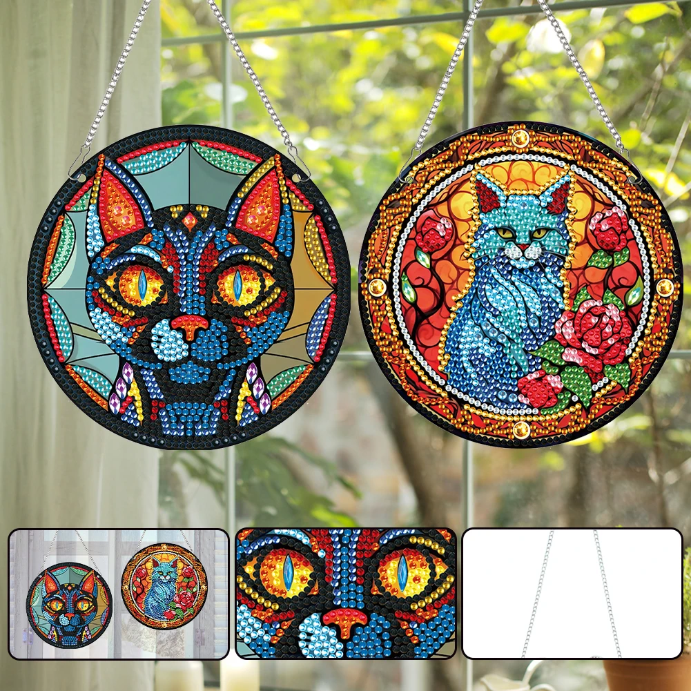 

2pcs Cat Theme 2D Flat DIY Diamond Art Pendant Wall Decor for Home & Windows