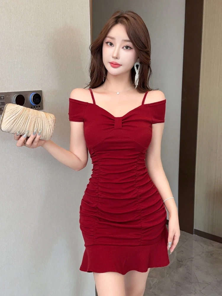 

Ele Ladylike ort ter Dr с рюшами, сексуальная облегающая юбка для похудения, дизайн на одно плечо для свидания, ночного наряда