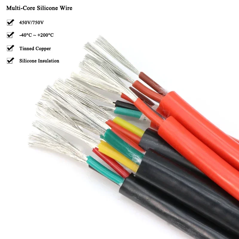 Cable de goma de silicona ultrasuave, Cable de cobre Flexible aislado de alta temperatura, 1M, SQR. 0,3, 0,5, 0,75, 1, 1,5, 2, 2,5, 4mm, 2, 3 y 4