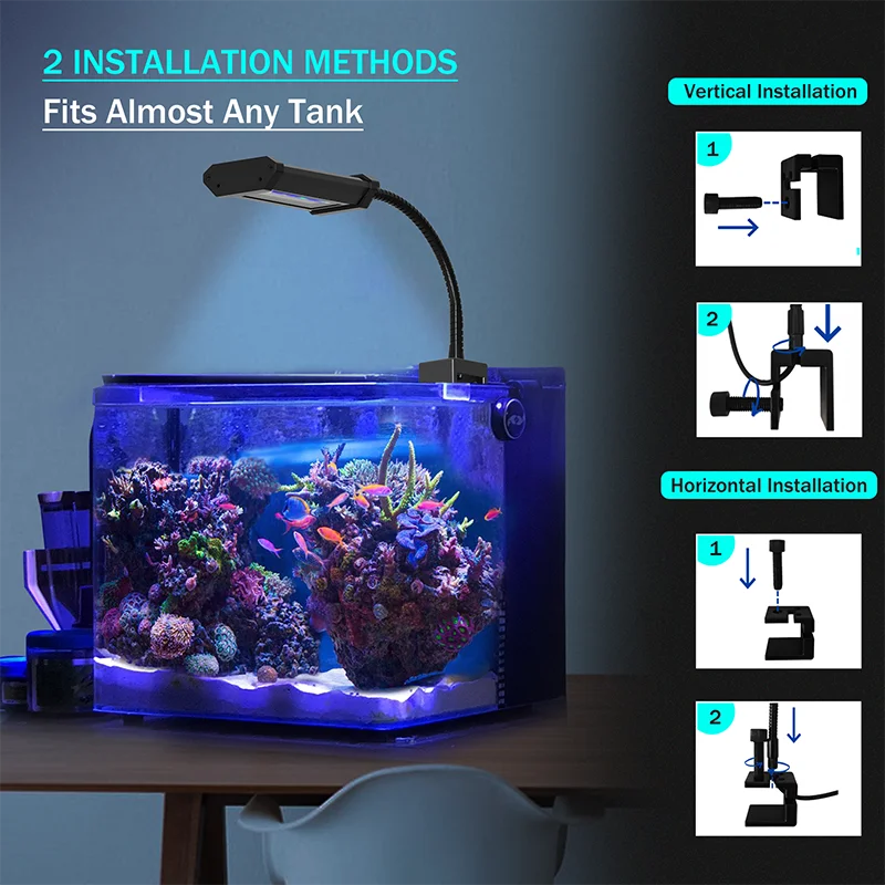 Lominie-Bar 10 LED Aquarium Light, Full Spectrum, 2-Channel Dimmable Fish Tank Light, Adjustable Gooseneck, Saltwater Coral