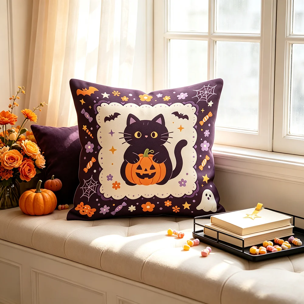 1PC Cute Black Cat Pumpkin Print Pillow Cover Halloween Purple Cartoon Bat Ghost Flower Sofa Couch Bedroom Home Decor Gift