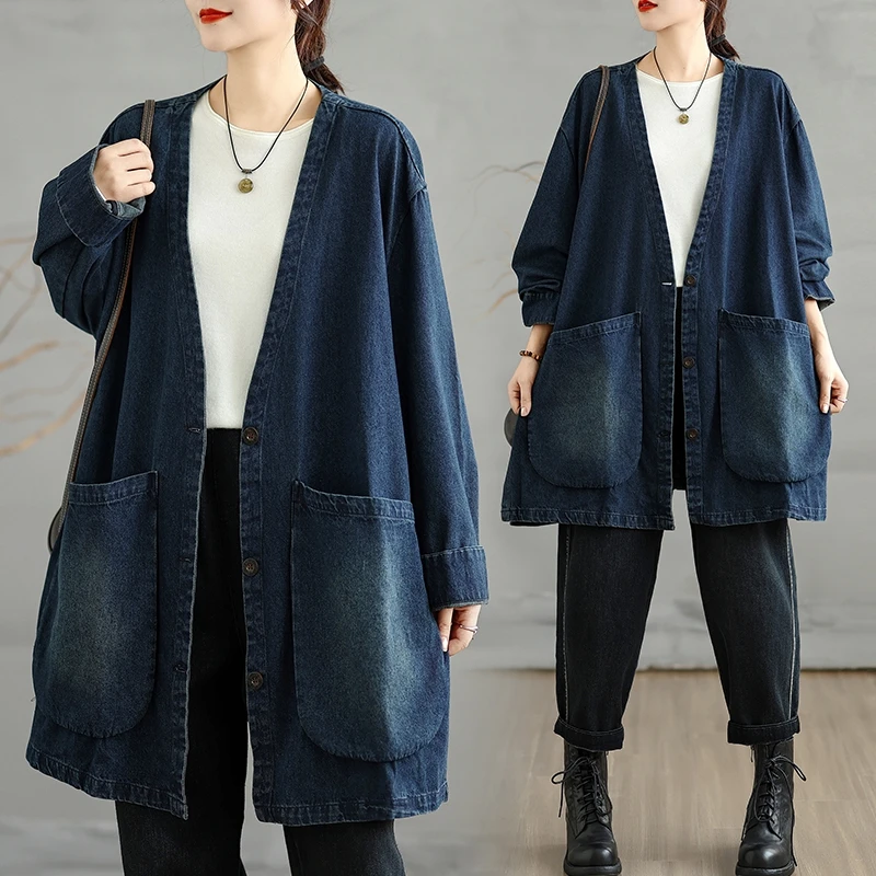 

Повседневный джинсовый длинный кардиган с эффектом похудения, большой размер, женский тонкий синий ленивый кардиган с большими ketsми, осенний новый Ar...