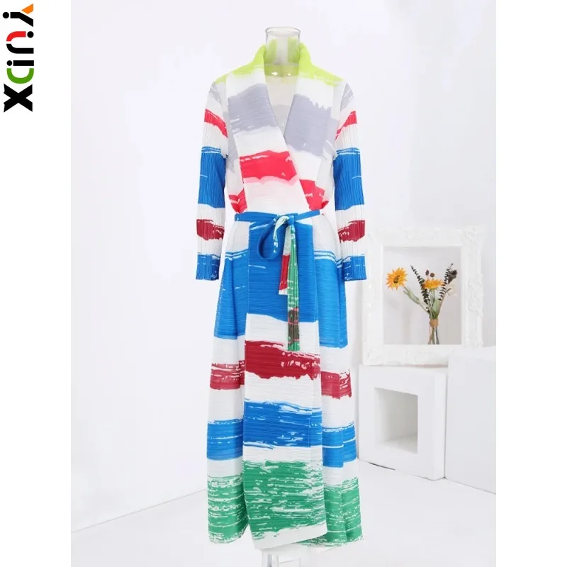 

YUDX Miyake Striped Print Pleated Long Windbreaker Women Scarf Collar Belt Gathered Waist Trench 2024 Spring New Clothing