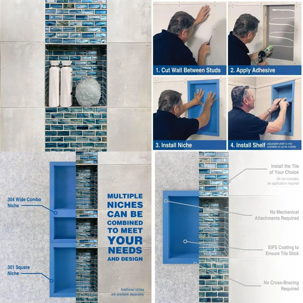 

Современная квадратная ниша для душа со встроенной полкой для хранения в ванной комнате — идеально подходит для туалетных принадлежностей и аксессуаров для душа (14,25 Ш x 14,