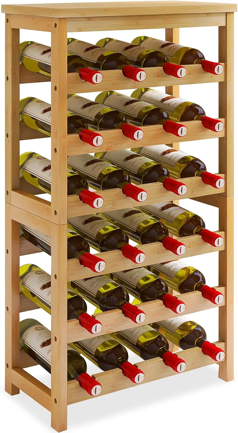 

6-Tier Bamboo Wine Rack with Tabletop, Holds 24 Bottles, Wave Design for Freshness, Freestanding Storage for Kitchen Cellar