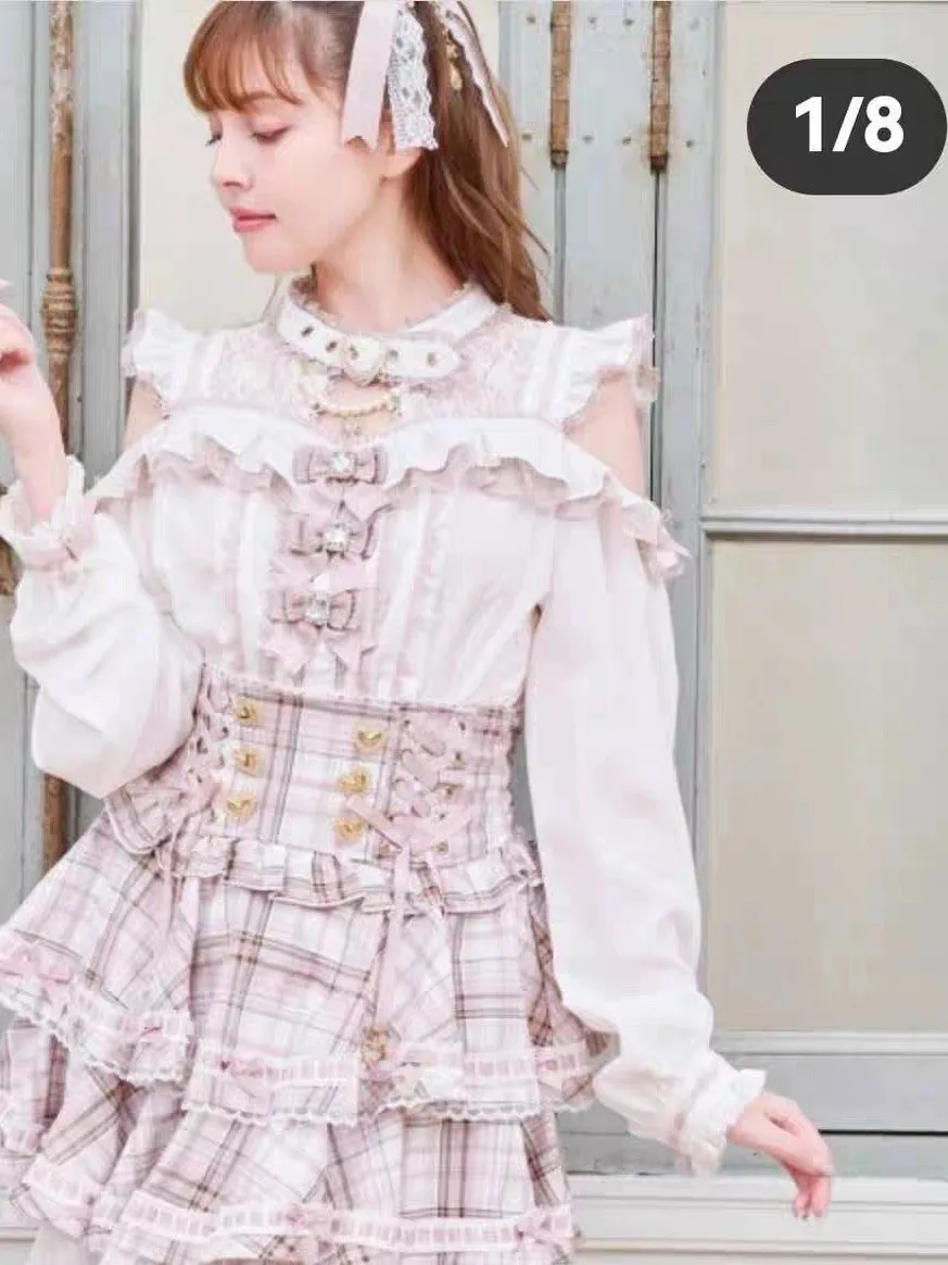 High Waist Pleated Half Skirt Two Tone Waist Cinching Japanese Lolita Style Sweet A-Line  Skirt for Young Women