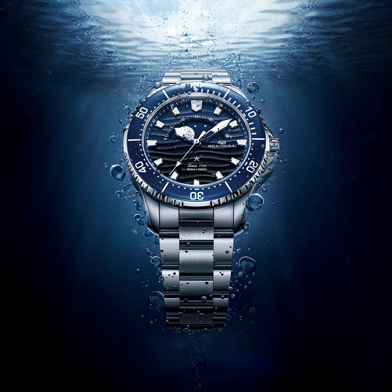 Seagull Diving Watch Ocean Series Men Watch 300M Waterproof Mechanical Watches Moon Phase Watches for Man Luminous Clock 1215