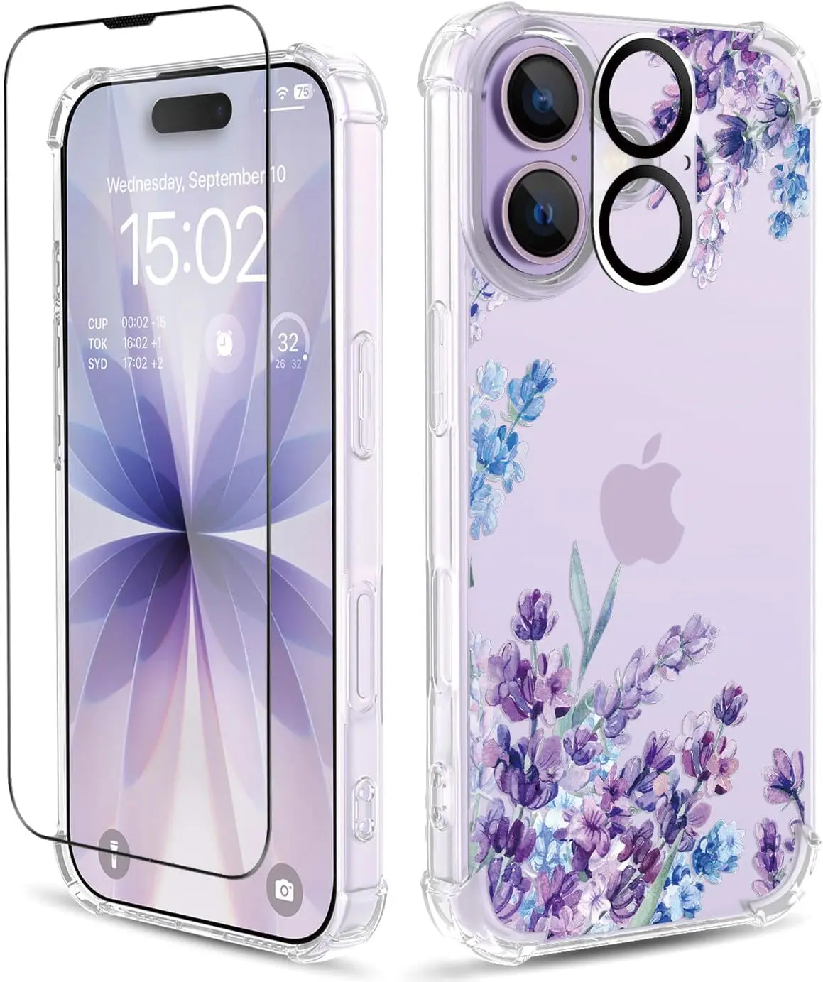 

3-in-1 Floral Phone Case with Screen & Lens Protector, Clear Shockproof Cover for 6.3" iPhone (Lavender)