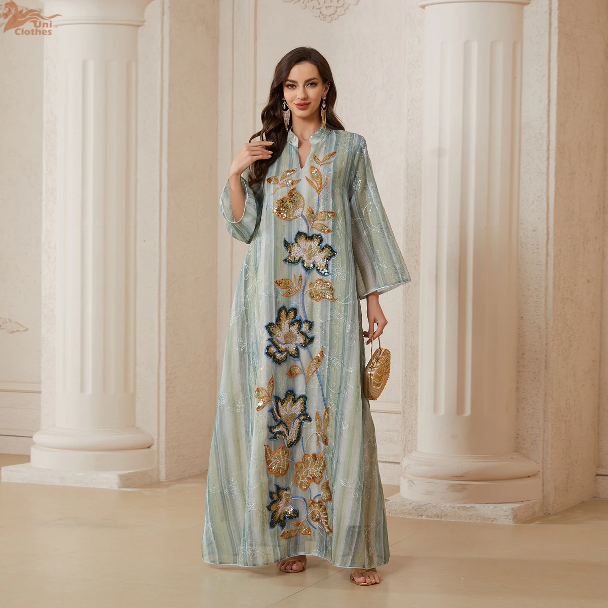 

2026 New Luxury Ramadan Dubai Floral Embroidery Maxi Dress Sequins Abaya Moroccan Muslim Elegant Women Eid Evening Dress